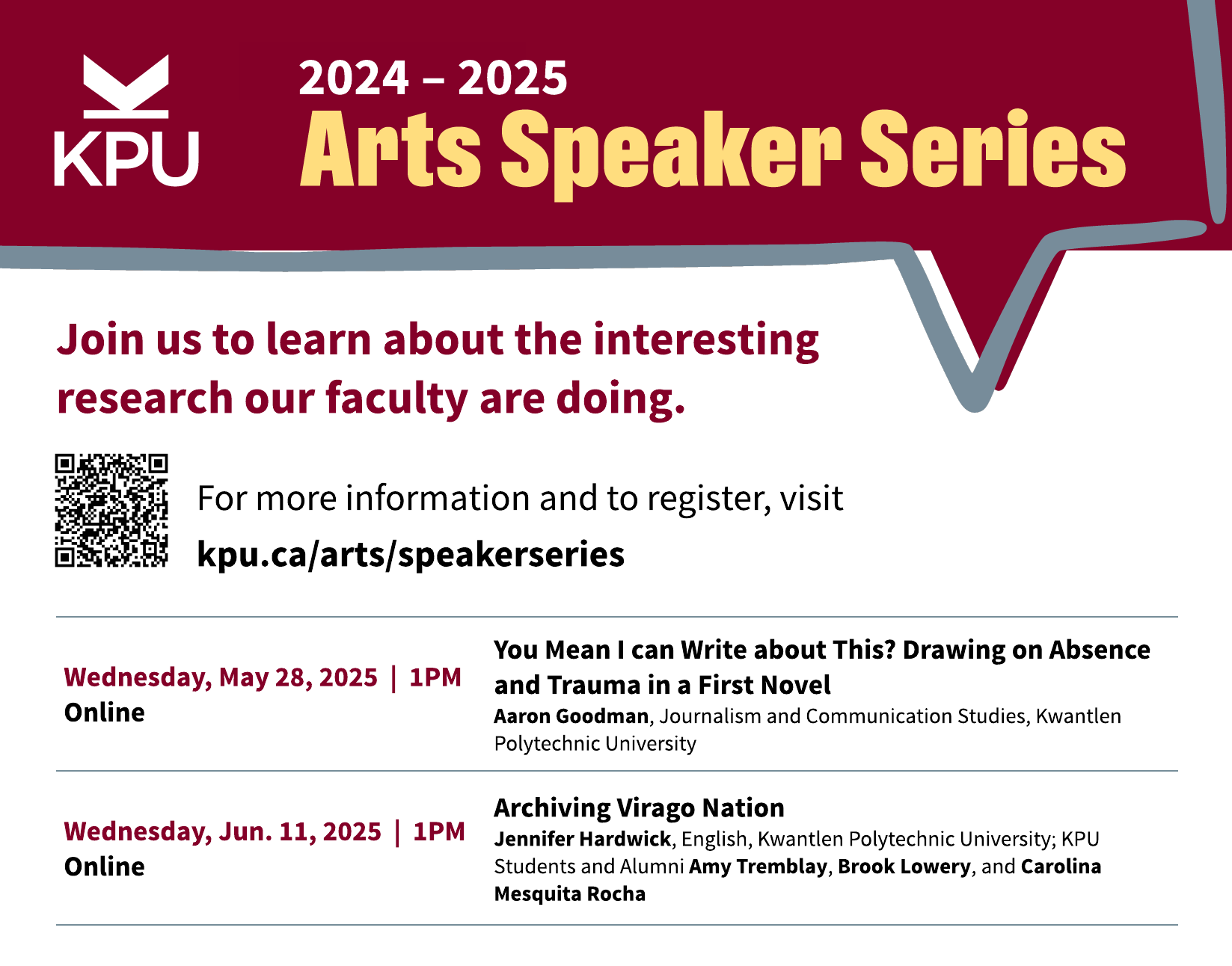 Arts Speaker Series 2024-25 poster. Text is available on the website below.