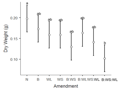 Dry weight of kale seedlings by treatment