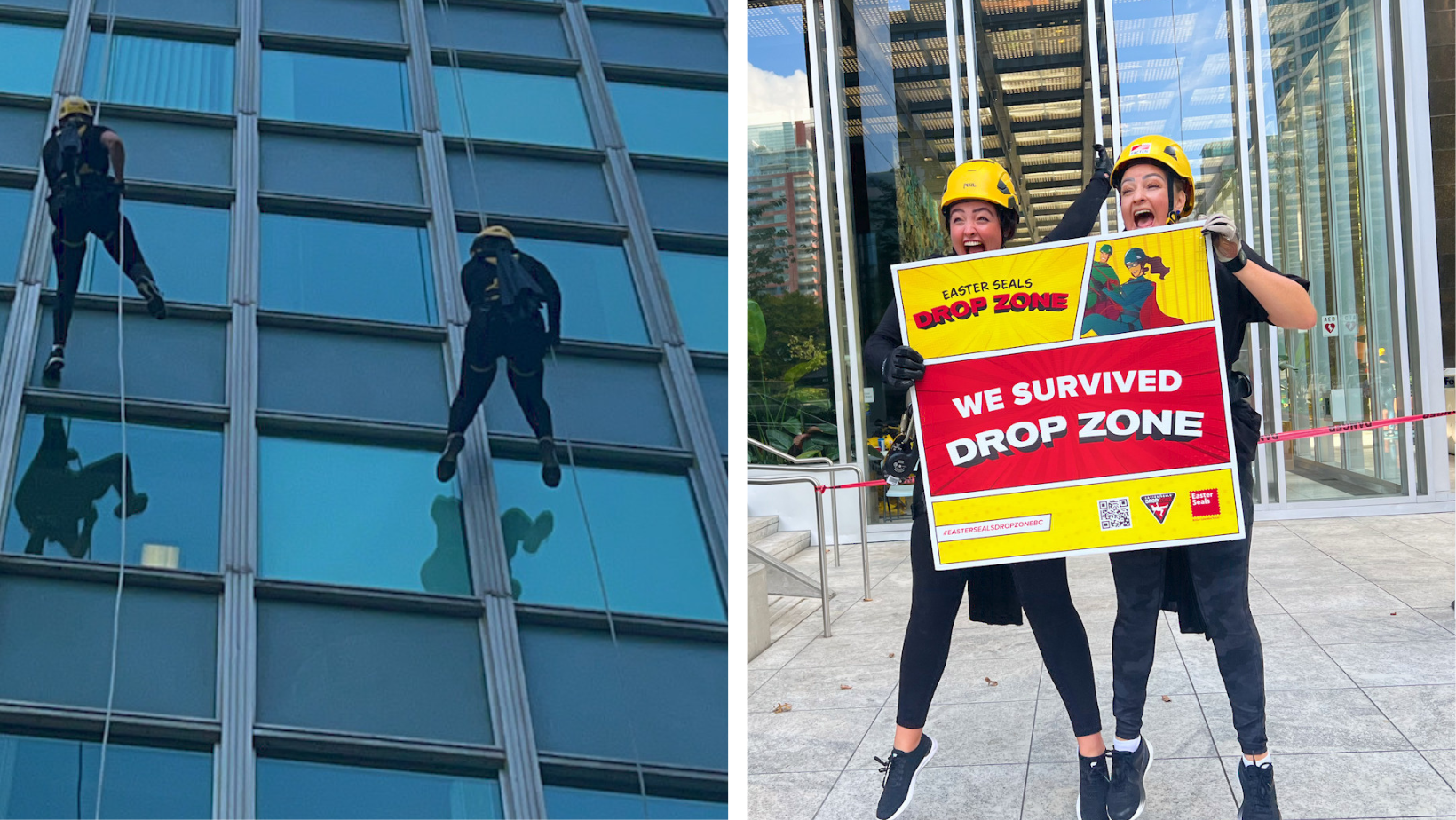 Lana Mihell rappelling down the Guiness Tower in Vancouver 