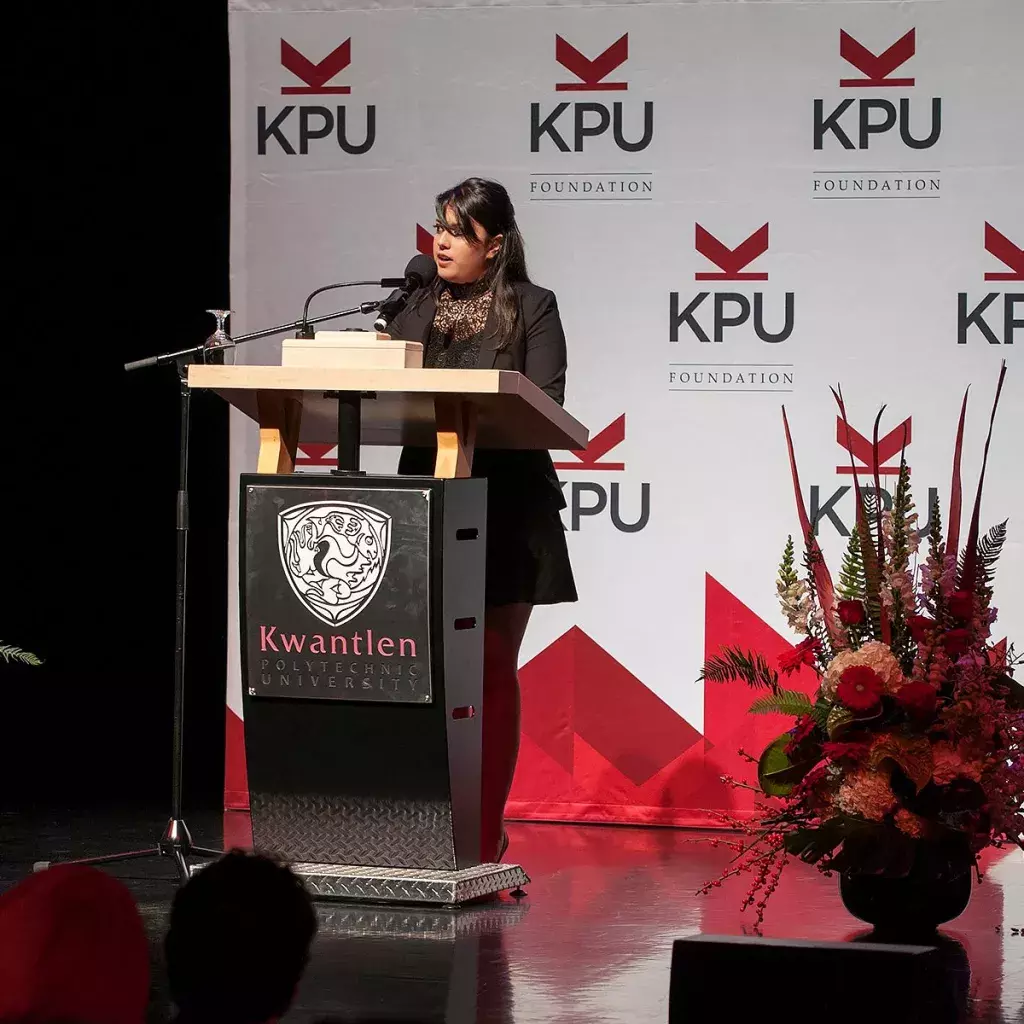 Sana Sonel speaks on behalf of KPU students at 26th annual scholarships and awards night.