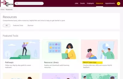 screenshot of Career Connection Page showing the Mock Interview Module