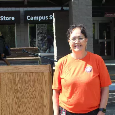 Gayle Bedard at the Reconciliation flag raising ceremony at Surrey campus in 2024